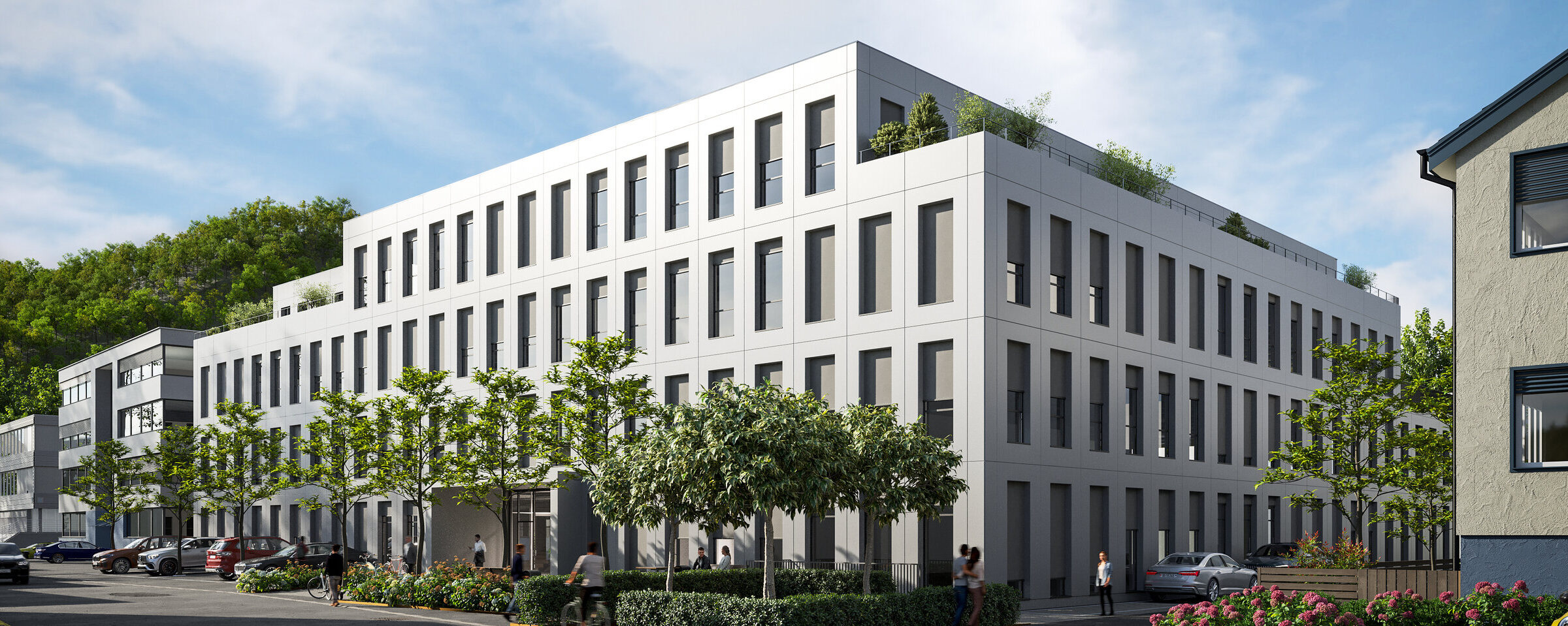 Visualisierung des viergeschossigen Neubaus E2 mit heller Fassade und Baeumen